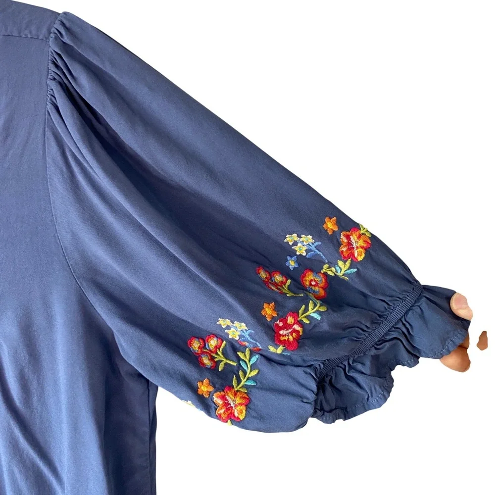 Savanna Jane Blue Floral Embroidered Boho Peasant Blouse Puff Sleeve Medium - Picture 7 of 12
